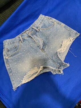 Light Blue Denim High-Waist Distressed Shorts with Stud Detail